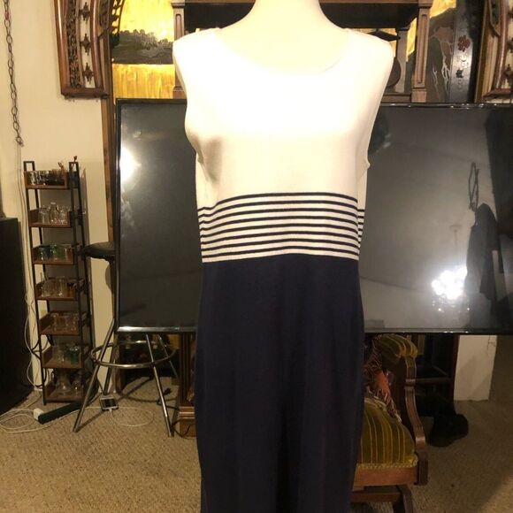Jessica Holbrook Easy Care Navy Blue & White Striped Sleeveless Sweater Dress Si - Picture 9 of 16